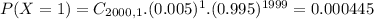 P(X = 1) = C_{2000,1}.(0.005)^{1}.(0.995)^{1999} = 0.000445