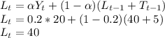 L_t=\alpha Y_t+(1-\alpha)(L_{t-1}+T_{t-1})\\L_t=0.2*20+(1-0.2)(40+5)\\L_t=40