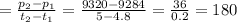 = \frac{p_2-p_1}{t_2-t_1}=\frac{9320-9284}{5-4.8} = \frac{36}{0.2} = 180
