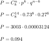 P=C_k^n\cdot p^k\cdot q^{n-k}\\\\P=C_8^{14}\cdot 0.73^8\cdot 0.27^6\\\\P=3003\cdot 0.00003124\\\\P=0.094\\