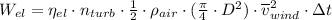 W_{el} = \eta_{el} \cdot n_{turb}\cdot \frac{1}{2}\cdot \rho_{air}\cdot (\frac{\pi}{4}\cdot D^{2})\cdot \overline v_{wind}^{2} \cdot \Delta t