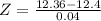 Z = \frac{12.36 - 12.4}{0.04}