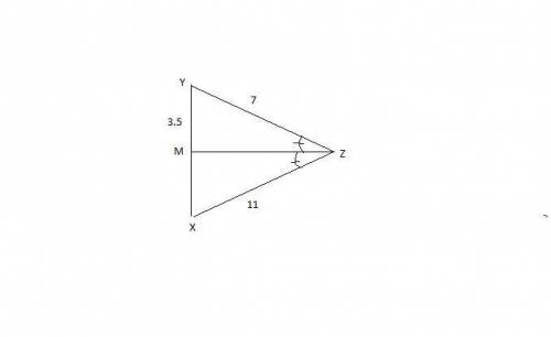 A triangle with vertices labeled as X, Y, and Z. Side X Z is base. Side Y X contains a midpoint M. A