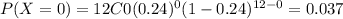 P(X=0) = 12C0 (0.24)^0 (1-0.24)^{12-0}= 0.037
