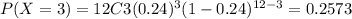 P(X=3) = 12C3 (0.24)^3 (1-0.24)^{12-3}= 0.2573
