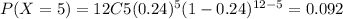 P(X=5) = 12C5 (0.24)^5 (1-0.24)^{12-5}= 0.092