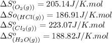 \Delta S^o_{(O_2(g))}=205.14J/K.mol\\\Delta So_{(HCl(g))}=186.91J/K.mol\\\Delta S^o_{(Cl_2(g))}=223.07J/K.mol\\\Delta S^o_{(H_2O(g))}=188.82J/K.mol