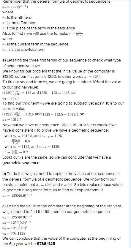 Robin bought a computer for $1,250. It will depreciate, or decrease in value, by 10% each year that