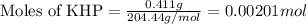 \text{Moles of KHP}=\frac{0.411g}{204.44g/mol}=0.00201mol