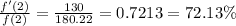 \frac{f'(2)}{f(2)}=\frac{130}{180.22}=0.7213=72.13\%