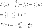 F(x)=\int\limits^x_0 (-\frac{2}{25}t + \frac{2}{5} )\, dt\\\\=\frac{2}{5}[-\frac{t^2}{10} + t]\limits^x_0 \\\\F(x)=-\frac{x^2}{25} +\frac{2}{5}x