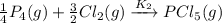 \frac{1}{4}P_4(g)+\frac{3}{2}Cl_2(g)\xrightarrow[]{K_2} PCl_5(g)