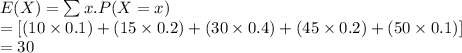 E(X)=\sum x.P(X=x)\\=[(10\times0.1)+(15\times0.2)+(30\times0.4)+(45\times0.2)+(50\times0.1)]\\=30