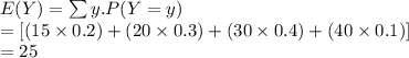 E(Y)=\sum y.P(Y=y)\\=[(15\times0.2)+(20\times0.3)+(30\times0.4)+(40\times0.1)]\\=25