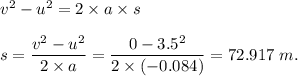 v^2-u^2=2\times a \times s\\\\s=\dfrac{v^2-u^2}{2\times a}=\dfrac{0-3.5^2}{2 \times (-0.084)}=72.917\ m.