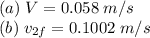 (a)\;V=0.058\;m/s\\(b)\;v_{2f}=0.1002\;m/s