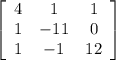 \left[\begin{array}{ccc}4&1&1\\1&-11&0\\1&-1&12\end{array}\right]