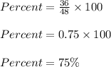 Percent = \frac{36}{48} \times 100\\\\Percent = 0.75 \times 100\\\\Percent = 75 \%