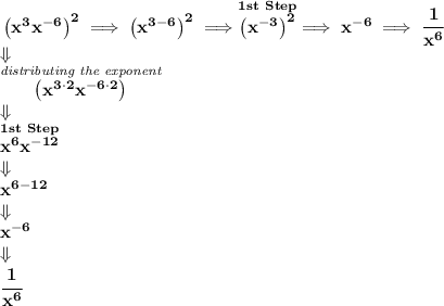 \bf \left( x^3x^{-6} \right)^2\implies \left( x^{3-6} \right)^2\implies \stackrel{1st~Step}{\left( x^{-3} \right)^2}\implies x^{-6}\implies \cfrac{1}{x^6}\\ \qquad \Downarrow\\ \stackrel{\textit{distributing the exponent}}{\left( x^{3\cdot 2}x^{-6\cdot 2} \right)}\\ \qquad \Downarrow\\ \stackrel{1st~Step}{x^6x^{-12}}\\ \qquad \Downarrow\\ x^{6-12}\\ \qquad \Downarrow\\ x^{-6}\\ \qquad \Downarrow\\ \cfrac{1}{x^6}