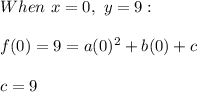 When \ x=0, \ y=9: \\ \\ f(0)=9=a(0)^2+b(0)+c \\ \\ c=9
