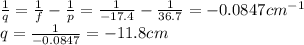 \frac{1}{q}=\frac{1}{f}-\frac{1}{p}=\frac{1}{-17.4}-\frac{1}{36.7}=-0.0847 cm^{-1}\\q=\frac{1}{-0.0847}=-11.8 cm