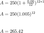 A=250(1+\frac{0.06}{12} )^{12*1} \\\\A=250(1.005)^{12}\\ \\\\A=265.42