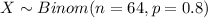 X \sim Binom(n=64, p=0.8)