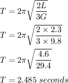 T=2\pi \sqrt{\dfrac{2L}{3G}}\\\\T=2\pi \sqrt{\dfrac{2\times 2.3}{3\times 9.8}}\\\\T=2\pi \sqrt{\dfrac{4.6}{29.4}}\\\\T=2.485\ seconds