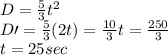D=\frac{5}{3}t^2\\D\prime=\frac{5}{3}(2t)=\frac{10}{3}t=\frac{250}{3}\\t=25sec