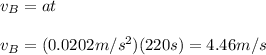 v_B=at\\\\v_B=(0.0202m/s^{2})(220s)=4.46m/s