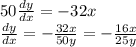 50\frac{dy}{dx}=-32x\\\frac{dy}{dx}=-\frac{32x}{50y}=-\frac{16x}{25y}