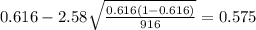 0.616 - 2.58 \sqrt{\frac{0.616(1-0.616)}{916}}=0.575
