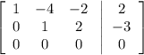 \left[\begin{array}{ccc}1&-4&-2\\0&1&2\\0&0&0\end{array}\right \left |\begin{array}{c}2&-3&0\end{array}\right ]