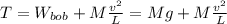 T=W_{bob}+M\frac{v^{2}}{L}=Mg+M\frac{v^{2}}{L}