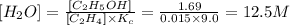 [H_{2}O]=\frac{[C_{2}H_{5}OH]}{[C_{2}H_{4}]\times K_{c}}=\frac{1.69}{0.015\times 9.0}=12.5M
