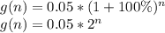 g(n) = 0.05*(1+100\%)^n\\g(n) =0.05*2^n