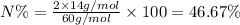 N\%=\frac{2\times 14 g/mol}{60 g/mol}\times 100=46.67\%