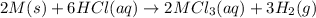 2M(s)+6HCl(aq)\rightarrow 2MCl_3(aq)+3H_2(g)