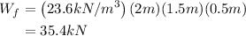 \begin{aligned}W_{f} &=\left(23.6 kN / m ^{3}\right)(2 m )(1.5 m )(0.5 m ) \\&=35.4 kN\end{aligned}