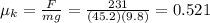 \mu_k=\frac{F}{mg}=\frac{231}{(45.2)(9.8)}=0.521