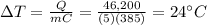 \Delta T=\frac{Q}{mC}=\frac{46,200}{(5)(385)}=24^{\circ}C