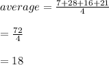 average =  \frac{7 + 28 + 16 + 21}{4}  \\  \\  =  \frac{72}{4}  \\  \\  = 18