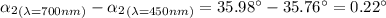 \alpha_{2}_{(\lambda=700nm)} - \alpha_{2}_{(\lambda =450nm)} = 35.98 ^{\circ} - 35.76 ^{\circ} = 0.22 ^{\circ}