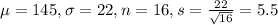 \mu = 145, \sigma = 22, n = 16, s = \frac{22}{\sqrt{16}} = 5.5