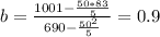 b= \frac{1001-\frac{50*83}{5} }{690-\frac{50^2}{5} } = 0.9