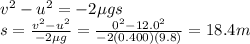 v^2-u^2=-2\mu g s\\s=\frac{v^2-u^2}{-2\mu g}=\frac{0^2-12.0^2}{-2(0.400)(9.8)}=18.4 m