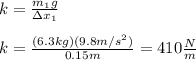 k=\frac{m_1g}{\Delta x_1}\\\\k=\frac{(6.3kg)(9.8m/s^{2})}{0.15m}=410\frac{N}{m}