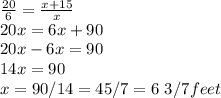 \frac{20}{6} =\frac{x+15}{x} \\20x=6x+90\\20x-6x=90\\14 x=90\\x=90/14=45/7=6~ 3/7 feet
