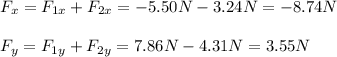 F_x=F_{1x}+F_{2x}=-5.50N-3.24N=-8.74N\\\\F_y=F_{1y}+F_{2y}=7.86N-4.31N=3.55N
