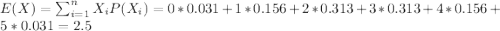 E(X) = \sum_{i=1}^n X_i P(X_i) = 0*0.031 +1*0.156+ 2*0.313+3*0.313+ 4*0.156+ 5*0.031 = 2.5